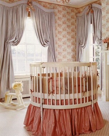 Gray Silk Curtains with appricot accents nursery